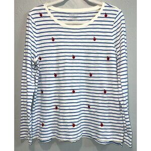 Talbots Shirt Blue Stripe Heather Gray White Apple Embroidered Boat Neck Women L